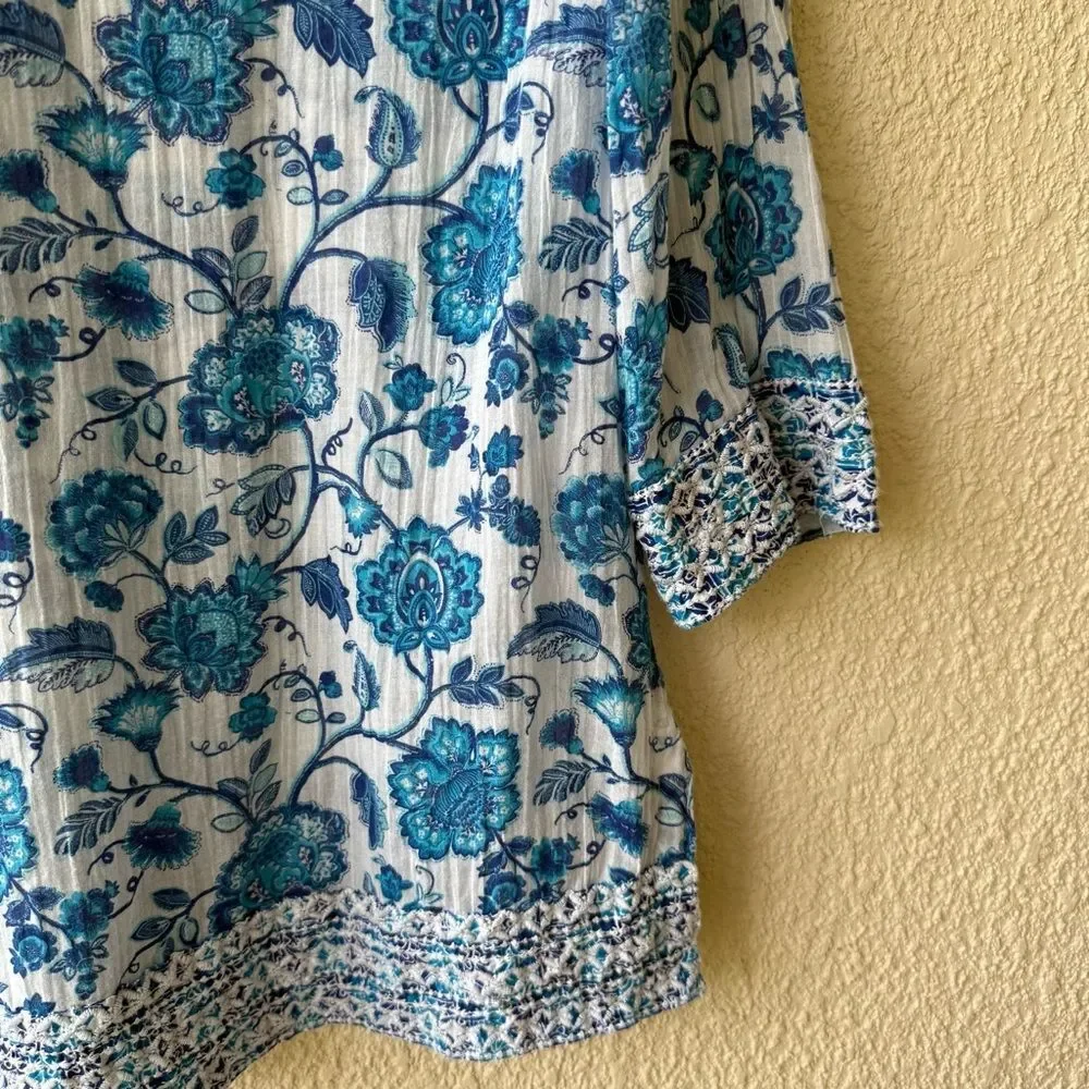 Sigrid Olsen Blue Floral embroidered Tunic Top Crinkle Cotton Boho Sz Small